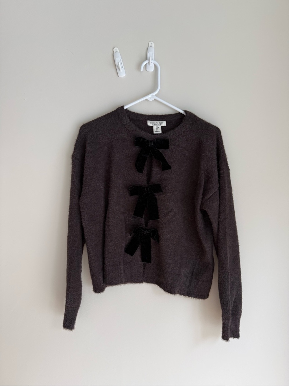 Rachel Zoe Black Fuzzy Crewneck Sweater with Velvet Bows